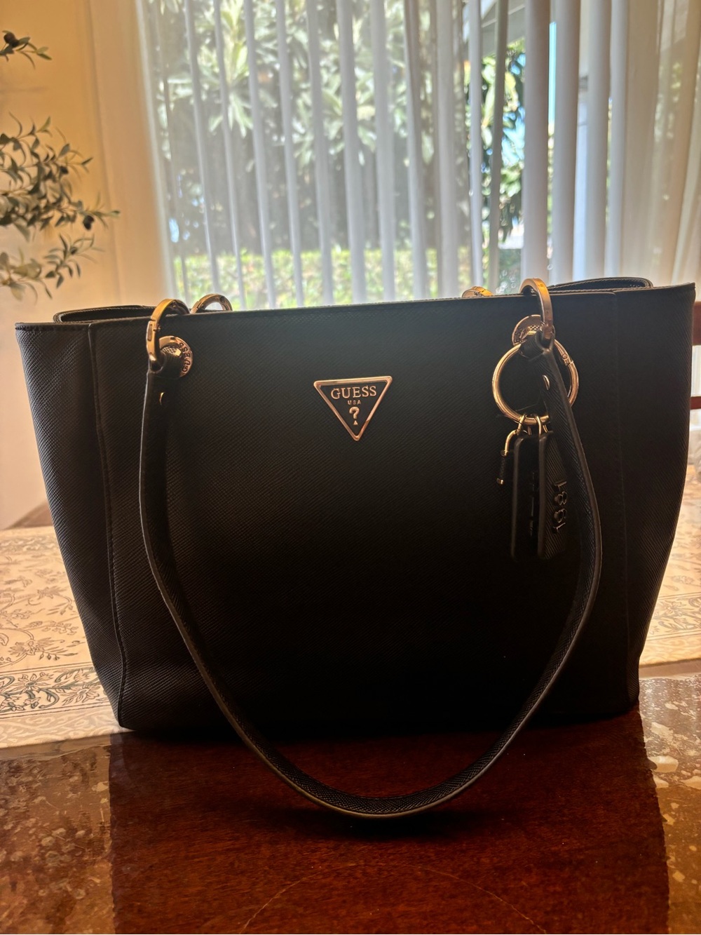 GUESS Black Tote with Gold Accent Logo